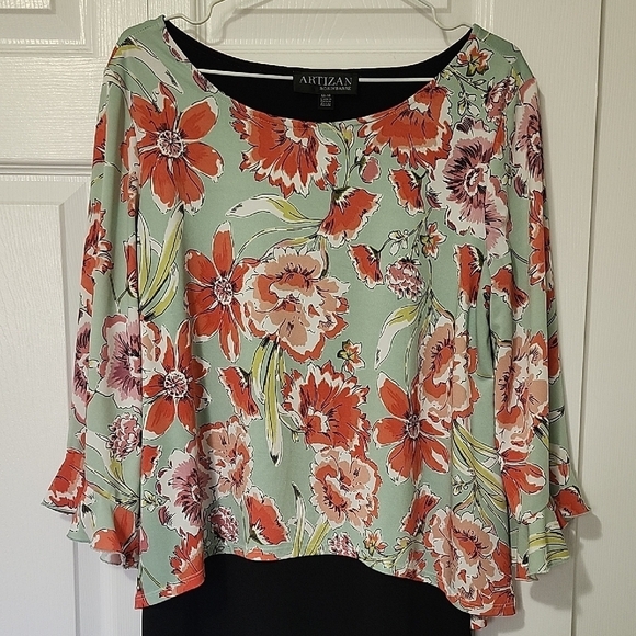 Tops - Pink and Red Relaxed Ruffled 3/4 Sleeve Blouse